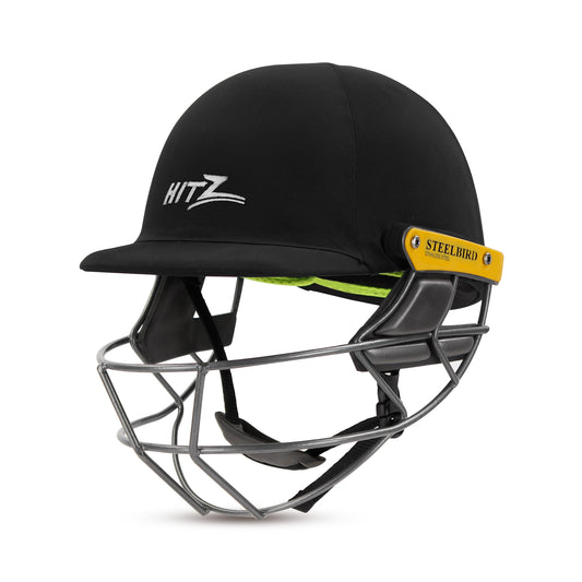 Steelbird Hitz Stainless Steel Premium Cricket Helmet for Men & Boys (Fixed Spring Steel Grill | Light Weight) (Black Fabric with Green Interior)