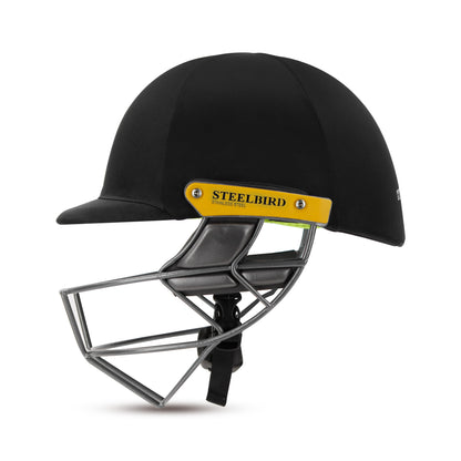 Steelbird Hitz Stainless Steel Premium Cricket Helmet for Men & Boys (Fixed Spring Steel Grill | Light Weight) (Black Fabric with Green Interior)