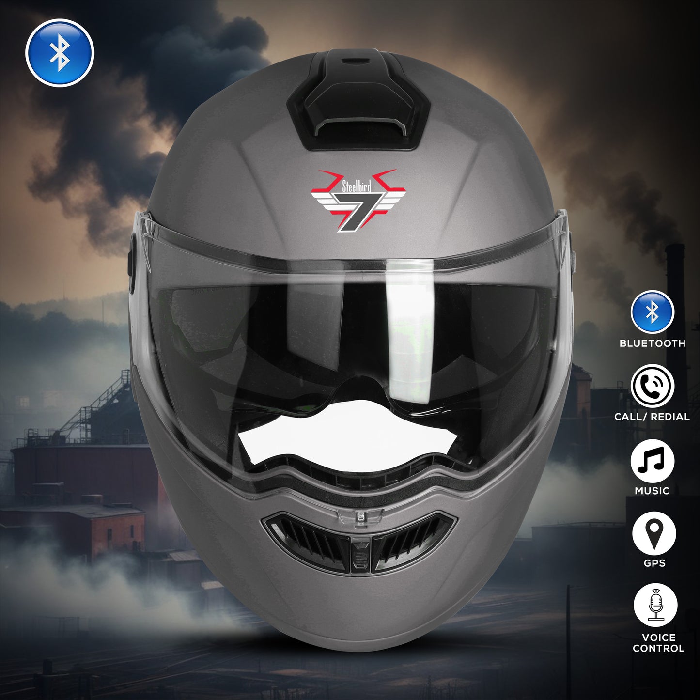 Steelbird Bluetooth Flip Up ISI Certified Helmet for Men and Women with Inner Smoke Sun Shield | SBA-8 7Wings (Glossy Axis Grey)