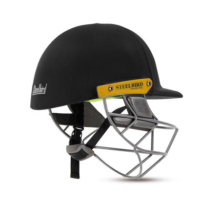 Steelbird Hitz Stainless Steel Premium Cricket Helmet for Men & Boys (Fixed Spring Steel Grill | Light Weight) (Black Fabric with Green Interior)