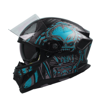 Steelbird SBH-25 Predator ISI Certified Full Face Graphic Helmet for Men and Women (Glossy Black Light Blue with Inner Smoke Sun Shield)