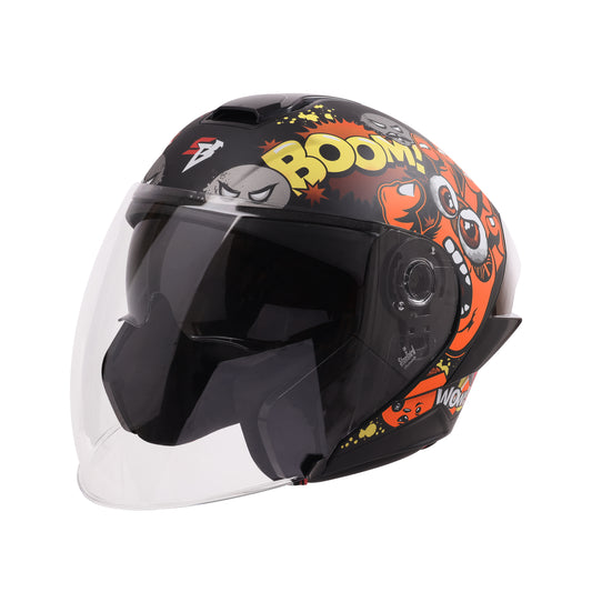 Steelbird SBA-10 Boom ISI and DOT Certified Open Face Graphic Helmet for Men and Women with Inner Smoke Sun Shield (Glossy Orange)