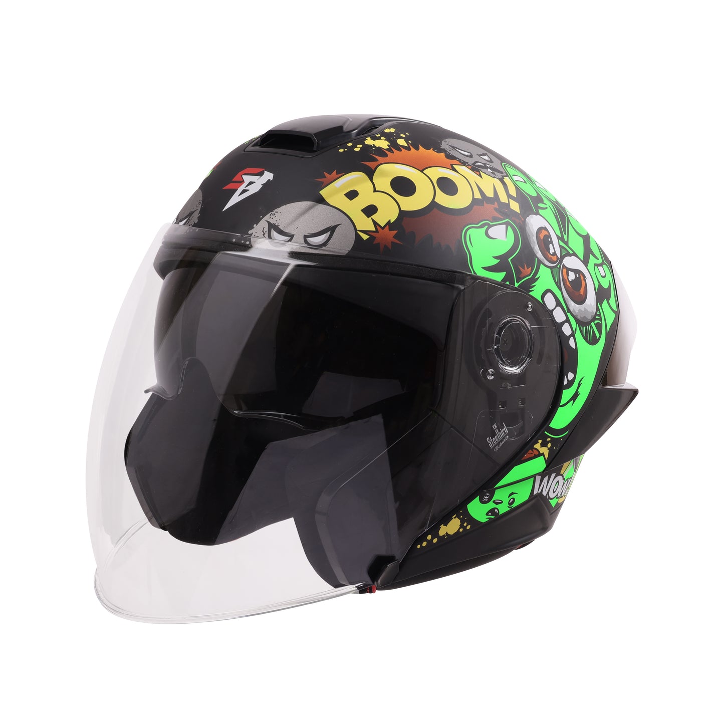 Steelbird SBA-10 Boom ISI and DOT Certified Open Face Graphic Helmet for Men and Women with Inner Smoke Sun Shield (Glossy Green)