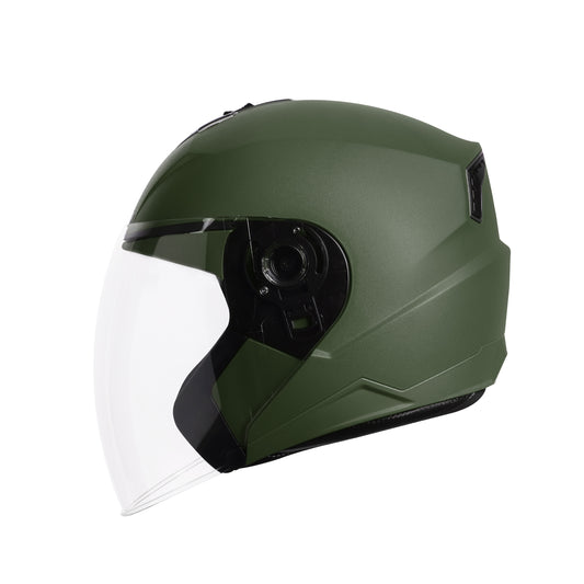 Steelbird SBA-9 7Wings  ISI Certified Open Face Helmet for Men and Women  (Dashing Battle Green With Clear Visor)