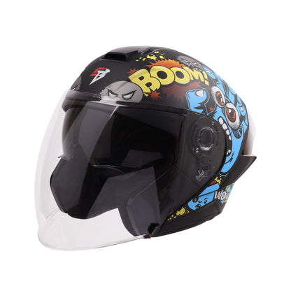 Steelbird SBA-10 Boom ISI and DOT Certified Open Face Graphic Helmet for Men and Women with Inner Smoke Sun Shield (Glossy Jazz Blue)