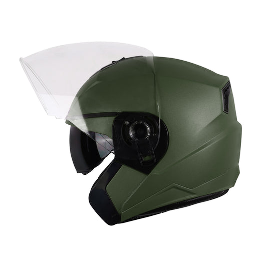 Steelbird SBA-9 7Wings  ISI Certified Open Face Helmet for Men and Women with Inner Smoke Sun Shield (Dashing Battle Green)