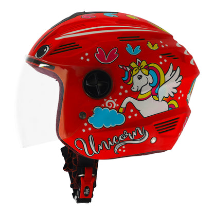 Steelbird SBA-6 Unicorn ISI Certified Open Face Graphic Helmet for Women and Kids (Matt Red with Clear Visor)