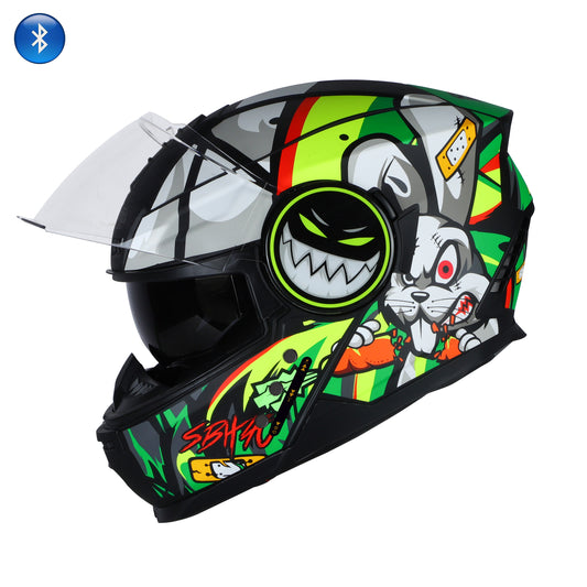 Steelbird Crazy Doe Bluetooth Full Face ISI Certified Graphic Helmet for Men with Inner Smoke Sun Shield | SBH-40 7Wings (Glossy Black Green)