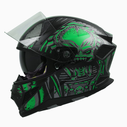 Steelbird SBH-25 Predator ISI Certified Full Face Graphic Helmet for Men and Women (Glossy Black Green with Inner Smoke Sun Shield