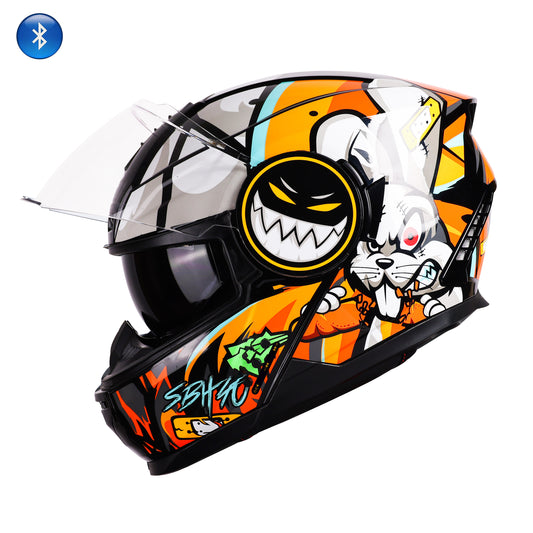 Steelbird Crazy Doe Bluetooth Full Face ISI Certified Graphic Helmet for Men with Inner Smoke Sun Shield | SBH-40 7Wings (Glossy Black Orange)