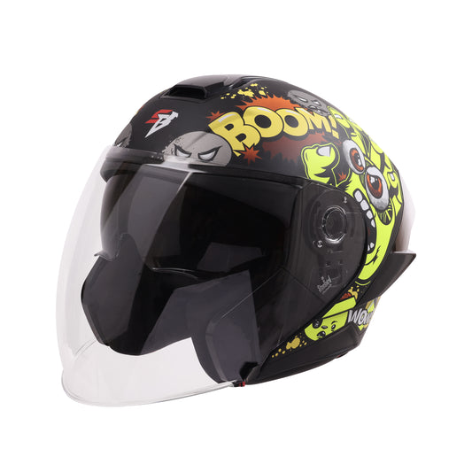 Steelbird SBA-10 Boom ISI and DOT Certified Open Face Graphic Helmet for Men and Women with Inner Smoke Sun Shield (Glossy Neon)