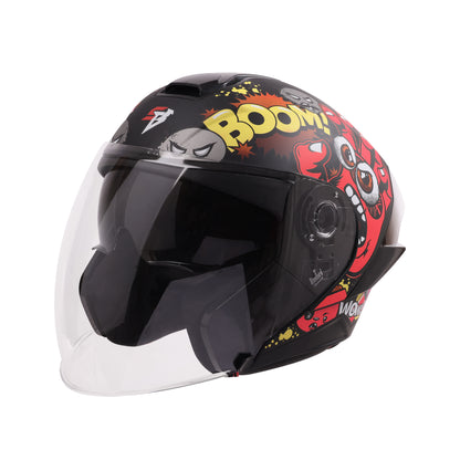 Steelbird SBA-10 Boom ISI and DOT Certified Open Face Graphic Helmet for Men and Women with Inner Smoke Sun Shield (Glossy Red)