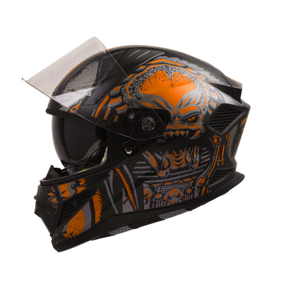 Steelbird SBH-25 Predator ISI Certified Full Face Graphic Helmet for Men and Women (Glossy Black Orange with Inner Smoke Sun Shield)