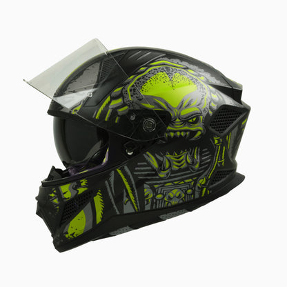 Steelbird SBH-25 Predator ISI Certified Full Face Graphic Helmet for Men and Women (Glossy Black Neon with Inner Smoke Sun Shield)