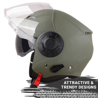 Steelbird SBH-31 GT Dashing ISI Certified Open Face Helmet for Men and Women with Inner Sun Shield ( Dual Visor Mechanism ) (Dashing Battle Green)