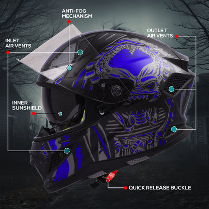 Steelbird SBH-25 Predator ISI Certified Full Face Graphic Helmet for Men and Women (Glossy Black Dark Blue with Inner Smoke Sun Shield)