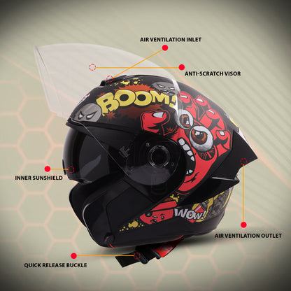 Steelbird SBA-10 Boom ISI and DOT Certified Open Face Graphic Helmet for Men and Women with Inner Smoke Sun Shield (Glossy Red)