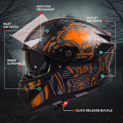 Steelbird SBH-25 Predator ISI Certified Full Face Graphic Helmet for Men and Women (Glossy Black Orange with Inner Smoke Sun Shield)