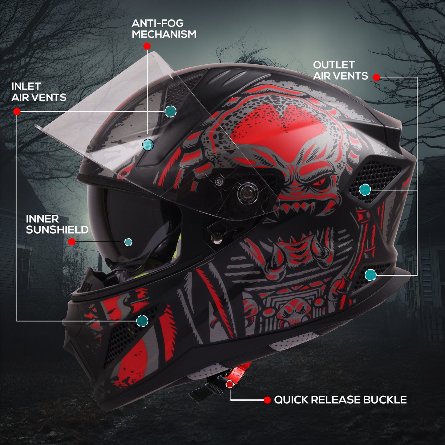 Steelbird SBH-25 Predator ISI Certified Full Face Graphic Helmet for Men and Women (Glossy Black Red with Inner Smoke Sun Shield)