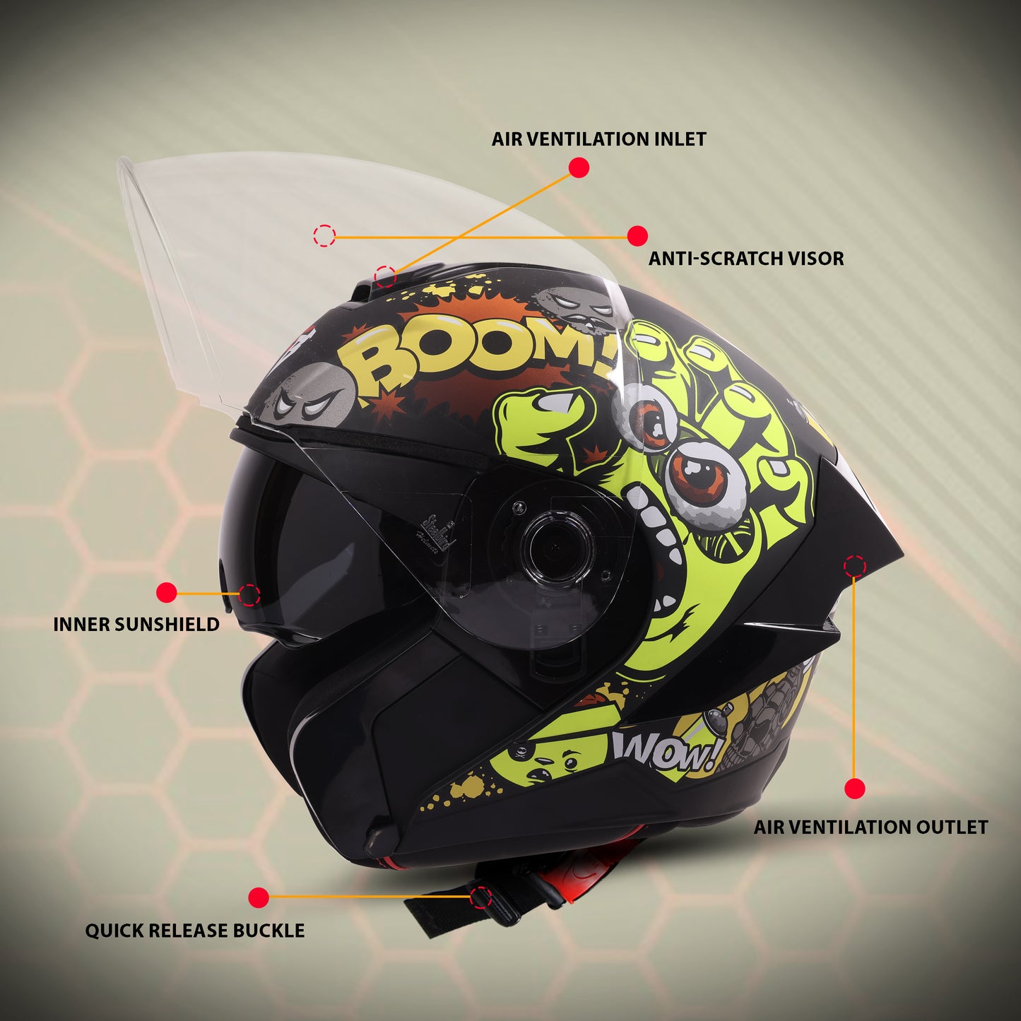 Steelbird SBA-10 Boom ISI and DOT Certified Open Face Graphic Helmet for Men and Women with Inner Smoke Sun Shield (Glossy Neon)