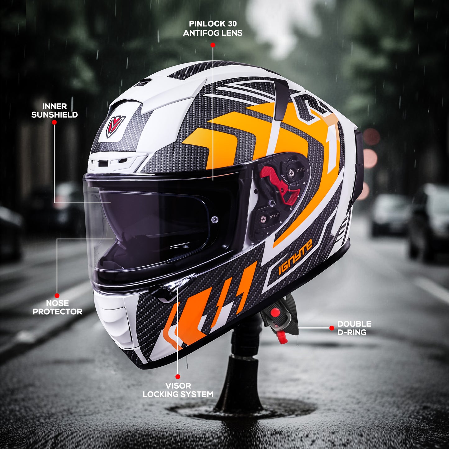 Ignyte IGN-4 Atomixx ISI/DOT Certified Full Face Graphic Helmet with Outer Anti-Fog Clear Visor and Inner Smoke Sun Shield (Glossy White Orange)