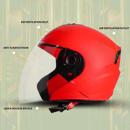 Steelbird SBA-9 7Wings  ISI Certified Open Face Helmet for Men and Women  (Dashing Red With Clear Visor)