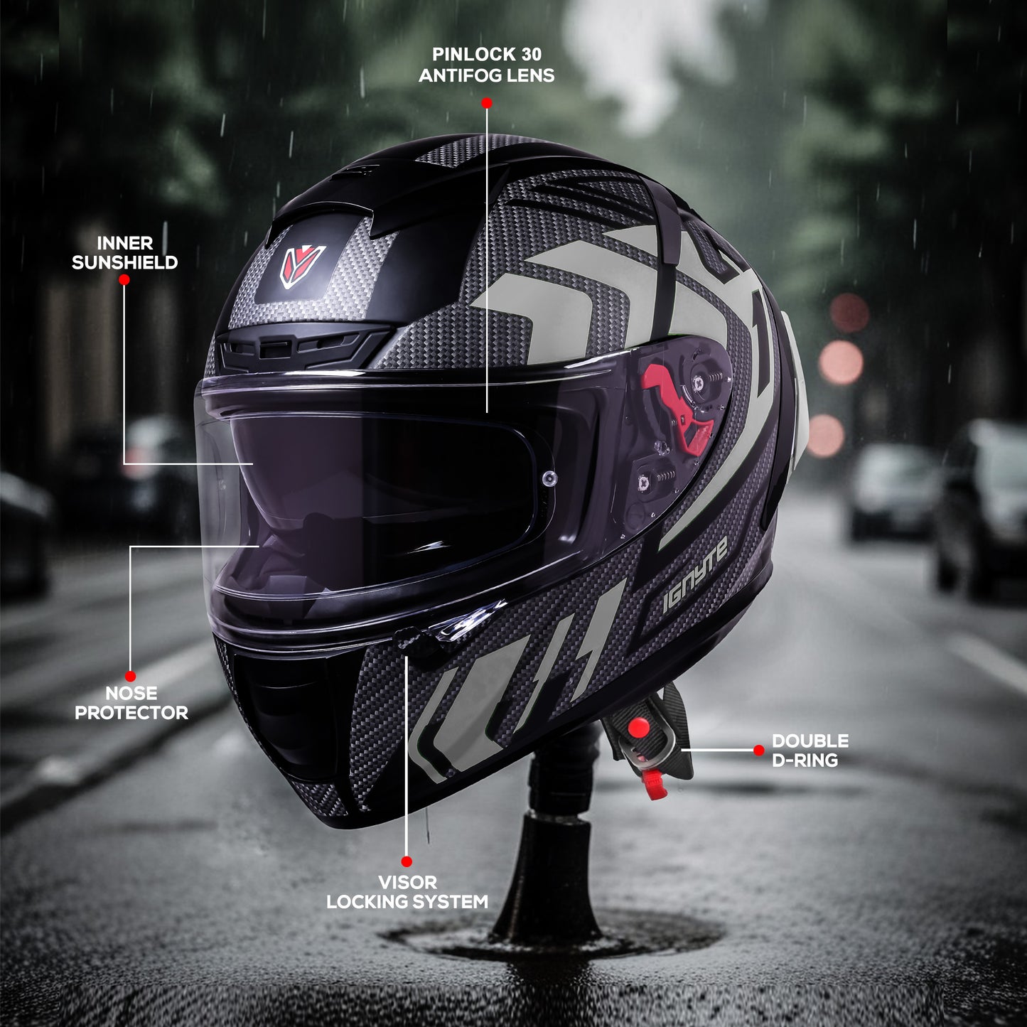 Ignyte IGN-4 Atomixx ISI/DOT Certified Full Face Graphic Helmet with Outer Anti-Fog Clear Visor and Inner Smoke Sun Shield (Glossy Black Grey)