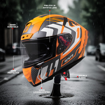 Ignyte IGN-4 Atomixx ISI/DOT Certified Full Face Graphic Helmet with Outer Anti-Fog Clear Visor and Inner Smoke Sun Shield (Glossy Orange White)