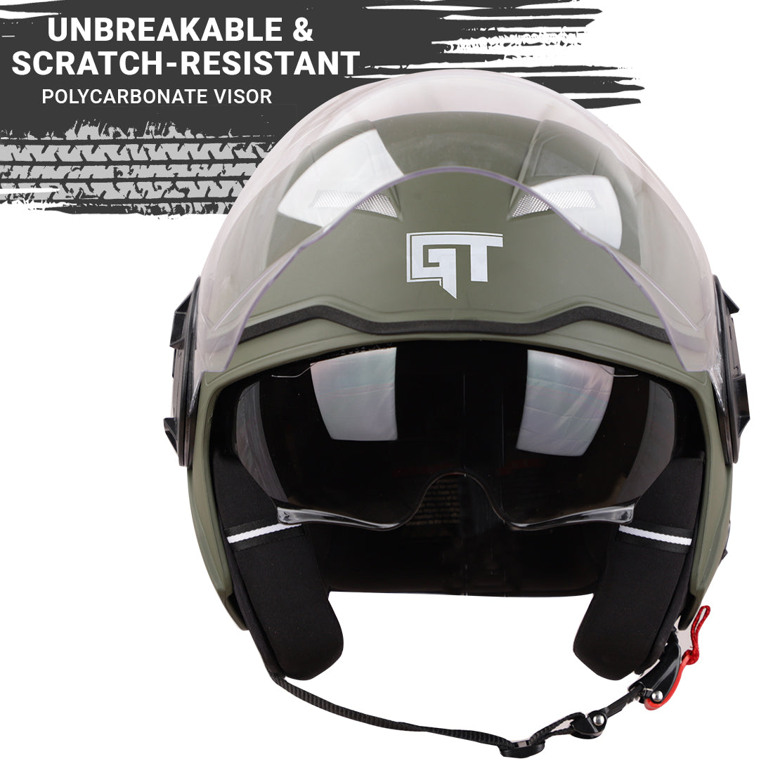 Steelbird SBH-31 GT Dashing ISI Certified Open Face Helmet for Men and Women with Inner Sun Shield ( Dual Visor Mechanism ) (Dashing Battle Green)