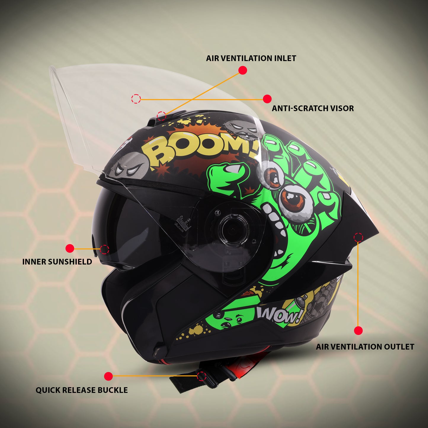 Steelbird SBA-10 Boom ISI and DOT Certified Open Face Graphic Helmet for Men and Women with Inner Smoke Sun Shield (Glossy Green)