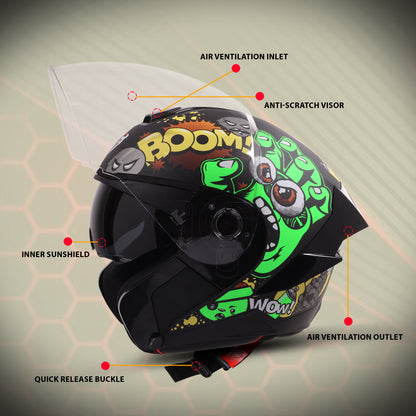 Steelbird SBA-10 Boom ISI and DOT Certified Open Face Graphic Helmet for Men and Women with Inner Smoke Sun Shield (Glossy Green)