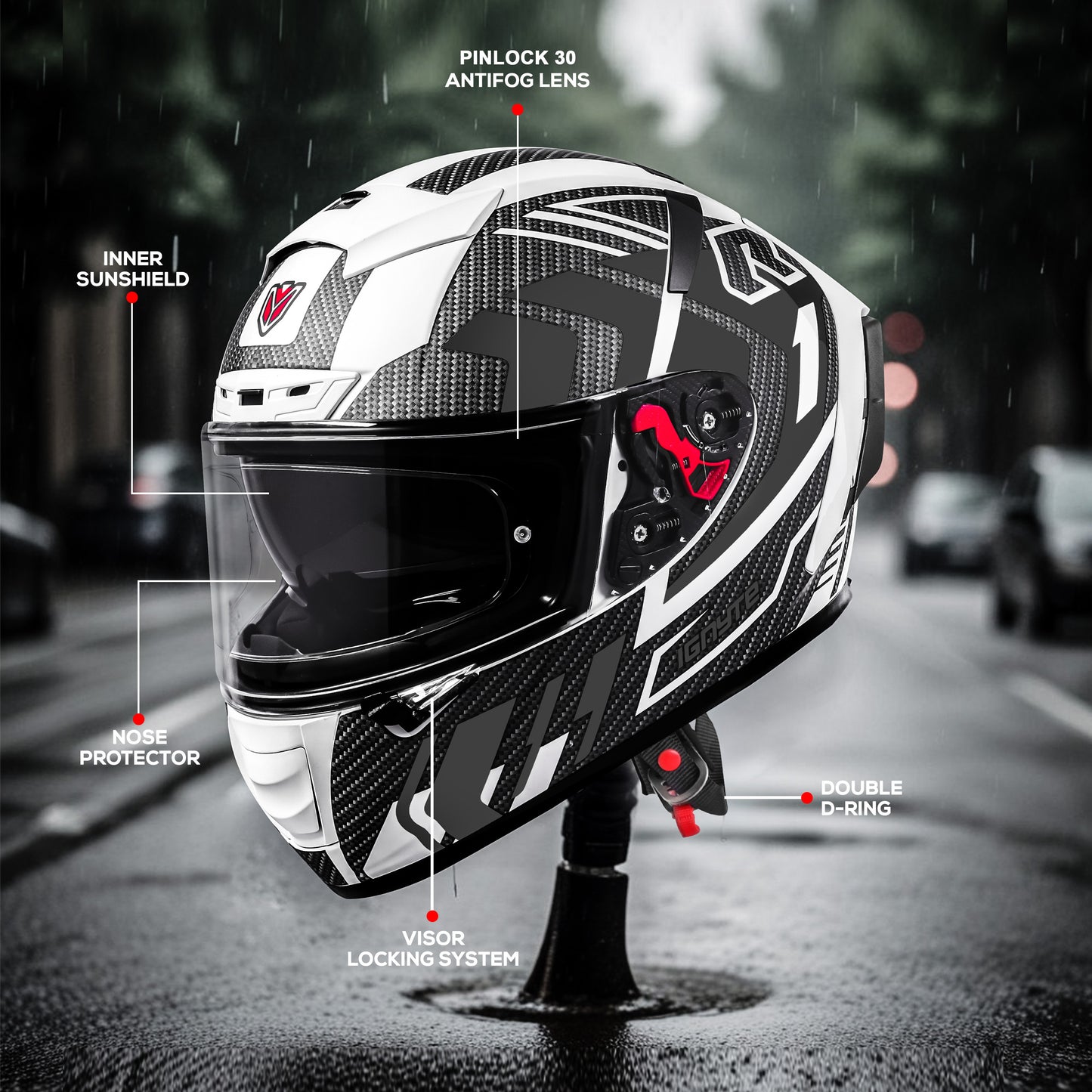 Ignyte IGN-4 Atomixx ISI/DOT Certified Full Face Graphic Helmet with Outer Anti-Fog Clear Visor and Inner Smoke Sun Shield (Glossy White Grey)