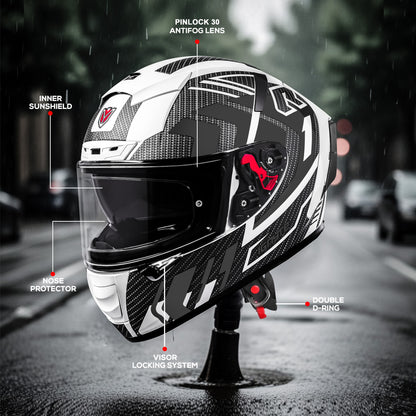 Ignyte IGN-4 Atomixx ISI/DOT Certified Full Face Graphic Helmet with Outer Anti-Fog Clear Visor and Inner Smoke Sun Shield (Glossy White Grey)