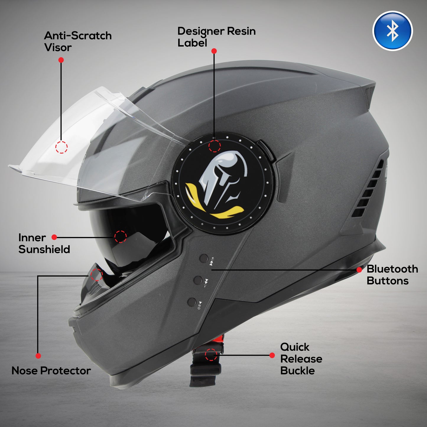 Steelbird Bluetooth Full Face ISI Certified Helmet for Men with Inner Smoke Sun Shield | SBH-40 7Wings (Matt Axis Grey)