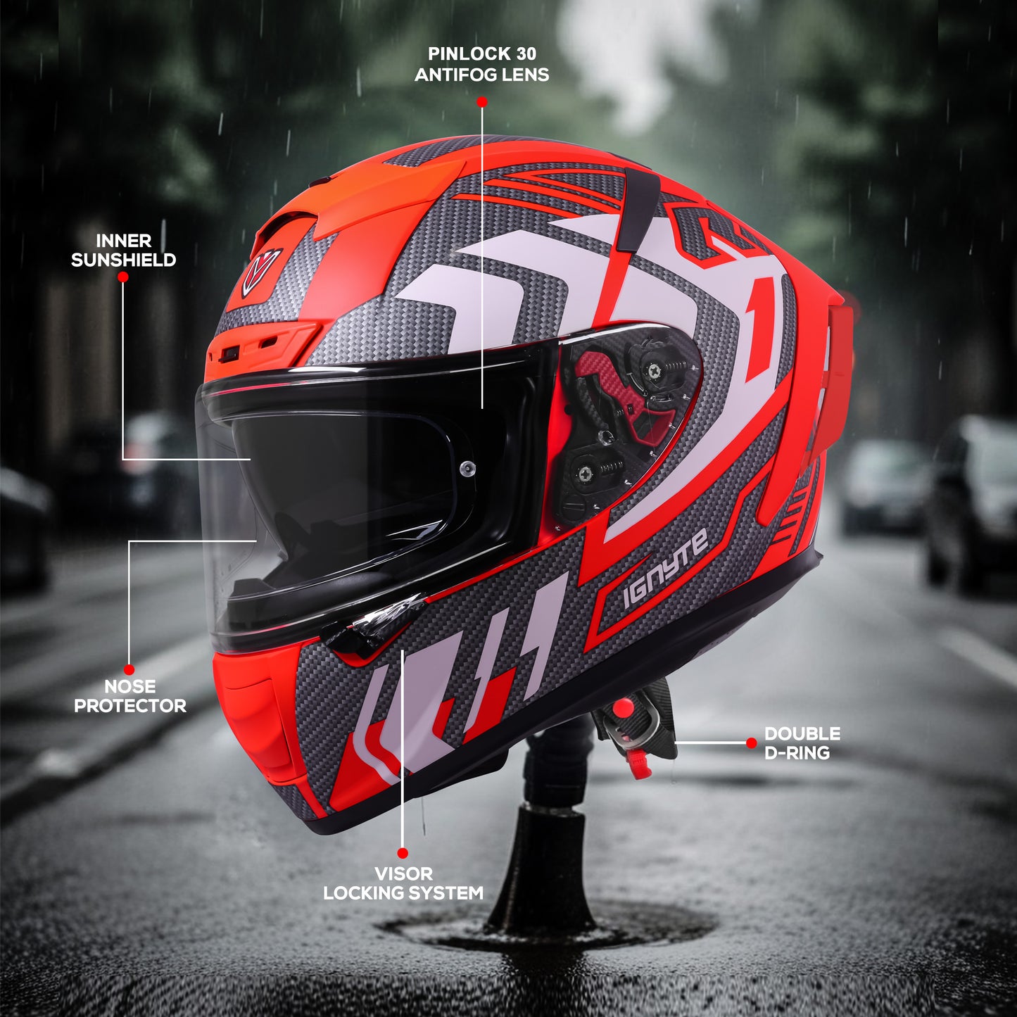 Ignyte IGN-4 Atomixx ISI/DOT Certified Full Face Graphic Helmet with Outer Anti-Fog Clear Visor and Inner Smoke Sun Shield (Glossy Fluo Red White)