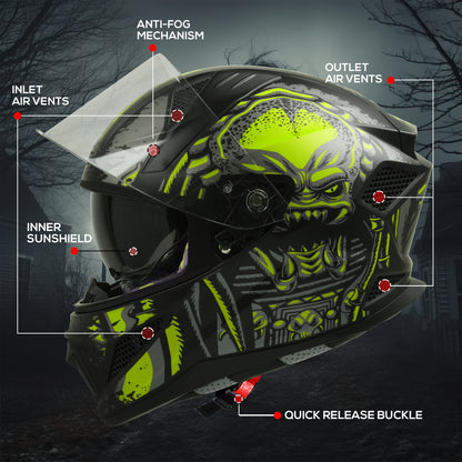 Steelbird SBH-25 Predator ISI Certified Full Face Graphic Helmet for Men and Women (Glossy Black Neon with Inner Smoke Sun Shield)