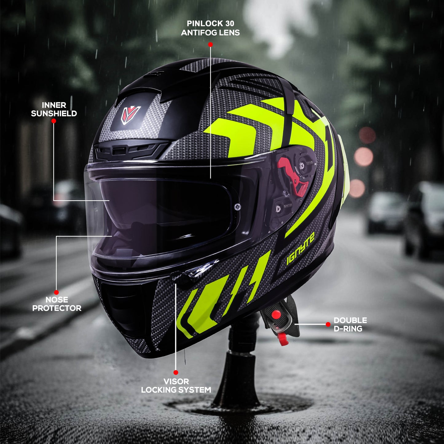 Ignyte IGN-4 Atomixx ISI/DOT Certified Full Face Graphic Helmet with Outer Anti-Fog Clear Visor and Inner Smoke Sun Shield (Glossy Black Neon)