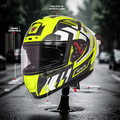 Ignyte IGN-4 Atomixx ISI/DOT Certified Full Face Graphic Helmet with Outer Anti-Fog Clear Visor and Inner Smoke Sun Shield (Glossy Fluo Neon White)