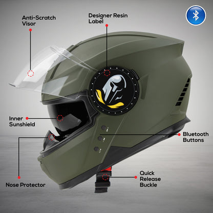 Steelbird Bluetooth Full Face ISI Certified Helmet for Men with Inner Smoke Sun Shield | SBH-40 7Wings (Matt Battle Green)