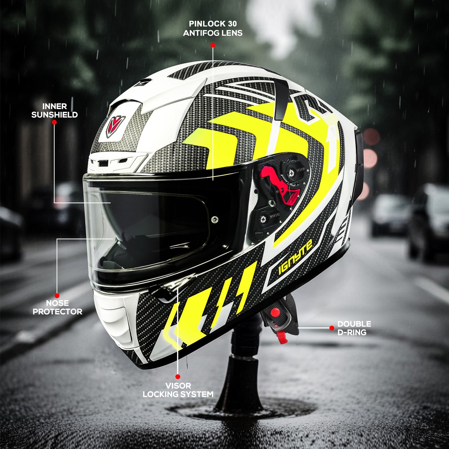 Ignyte IGN-4 Atomixx ISI/DOT Certified Full Face Graphic Helmet with Outer Anti-Fog Clear Visor and Inner Smoke Sun Shield (Glossy White Neon)