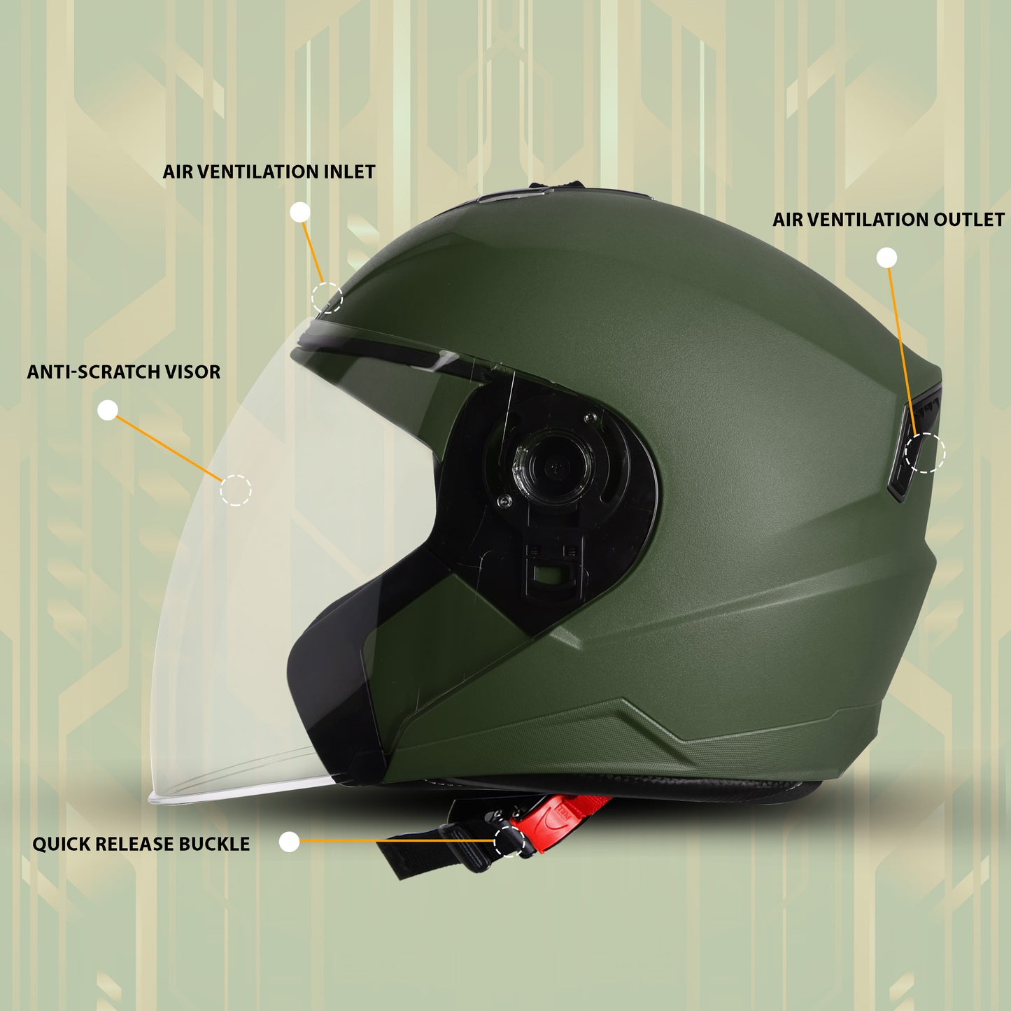 Steelbird SBA-9 7Wings  ISI Certified Open Face Helmet for Men and Women  (Dashing Battle Green With Clear Visor)