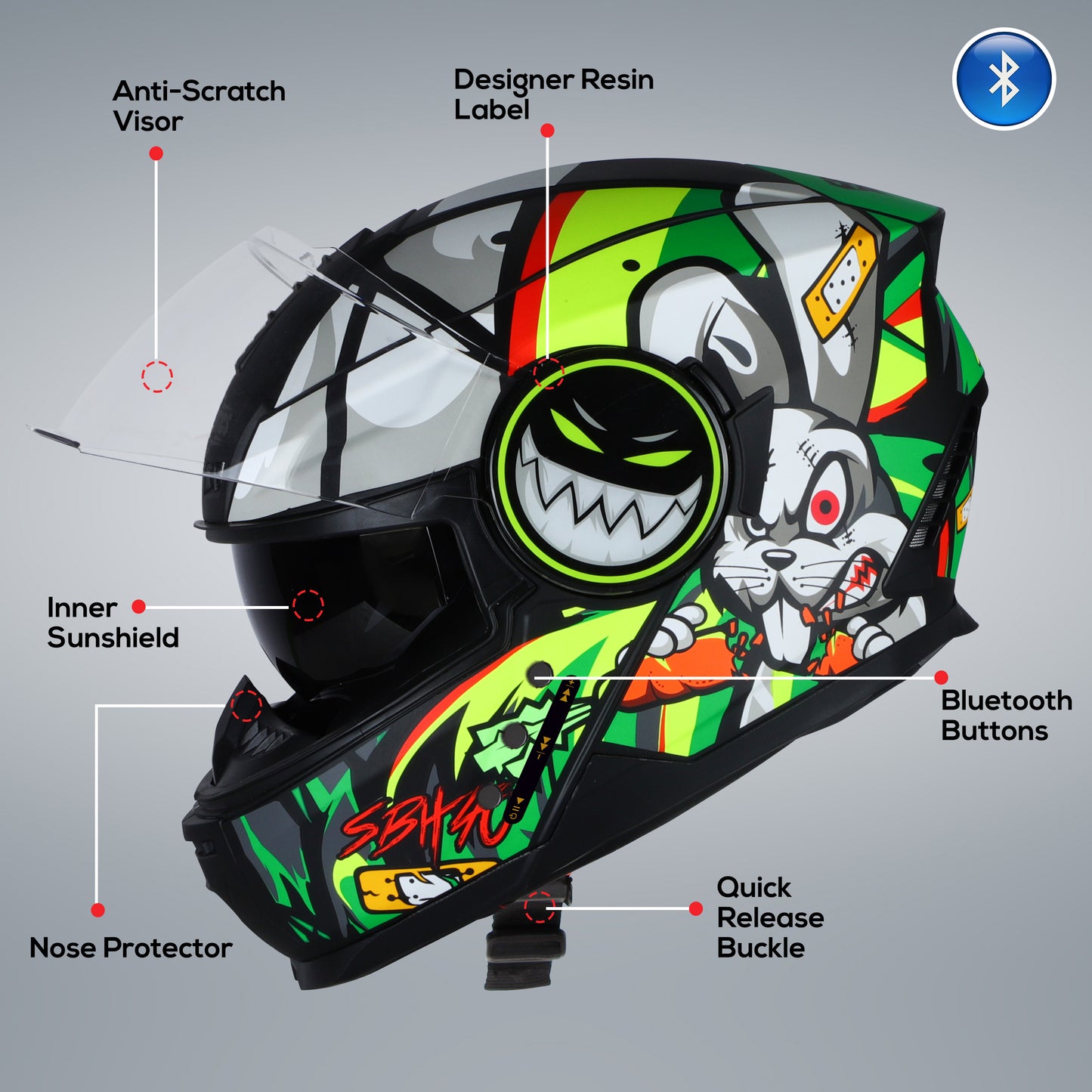 Steelbird Crazy Doe Bluetooth Full Face ISI Certified Graphic Helmet for Men with Inner Smoke Sun Shield | SBH-40 7Wings (Glossy Black Green)