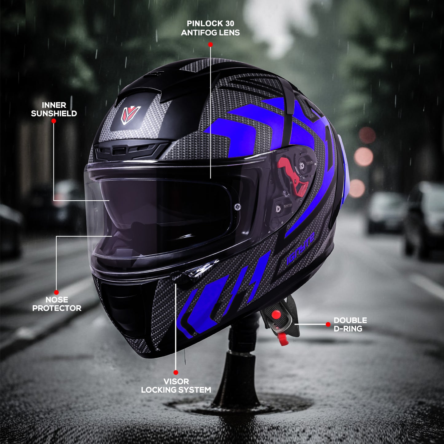 Ignyte IGN-4 Atomixx ISI/DOT Certified Full Face Graphic Helmet with Outer Anti-Fog Clear Visor and Inner Smoke Sun Shield (Glossy Black Blue)