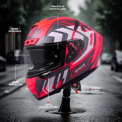 Ignyte IGN-4 Atomixx ISI/DOT Certified Full Face Graphic Helmet with Outer Anti-Fog Clear Visor and Inner Smoke Sun Shield (Glossy Fluo Watermelon White)