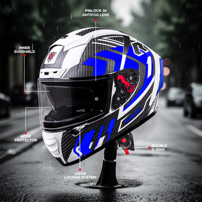 Ignyte IGN-4 Atomixx ISI/DOT Certified Full Face Graphic Helmet with Outer Anti-Fog Clear Visor and Inner Smoke Sun Shield (Glossy White Blue)