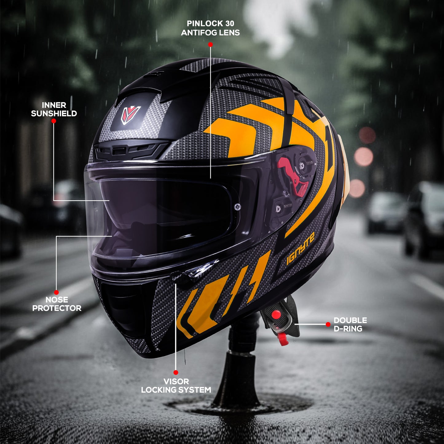 Ignyte IGN-4 Atomixx ISI/DOT Certified Full Face Graphic Helmet with Outer Anti-Fog Clear Visor and Inner Smoke Sun Shield (Glossy Black Orange)