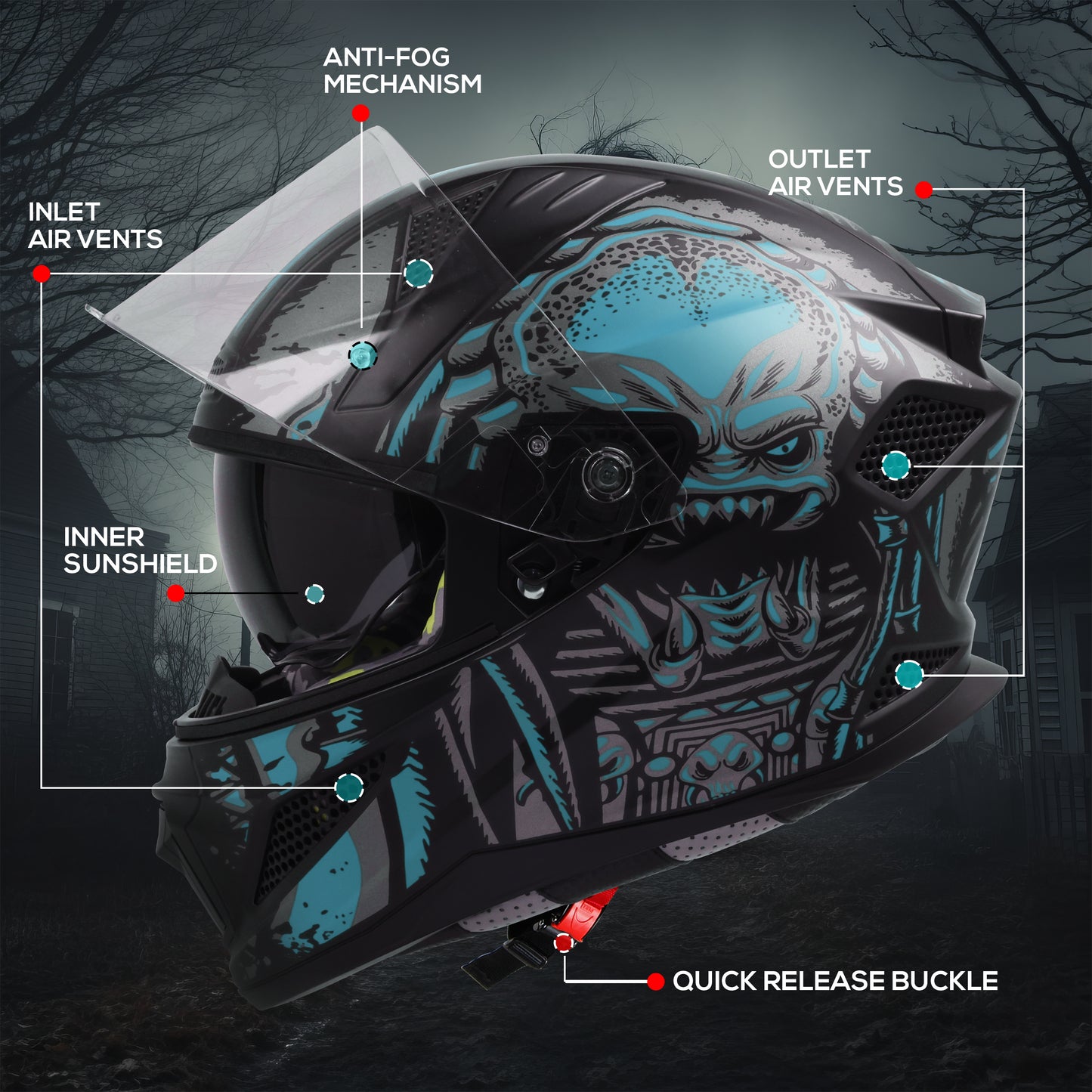 Steelbird SBH-25 Predator ISI Certified Full Face Graphic Helmet for Men and Women (Glossy Black Light Blue with Inner Smoke Sun Shield)