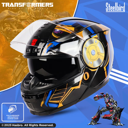 Steelbird SBH-40 Transformers Optimus Prime ISI Certified Full Face Graphic Helmet for Men and Women with Inner Smoke Sun Shield (Glossy Black Gold)