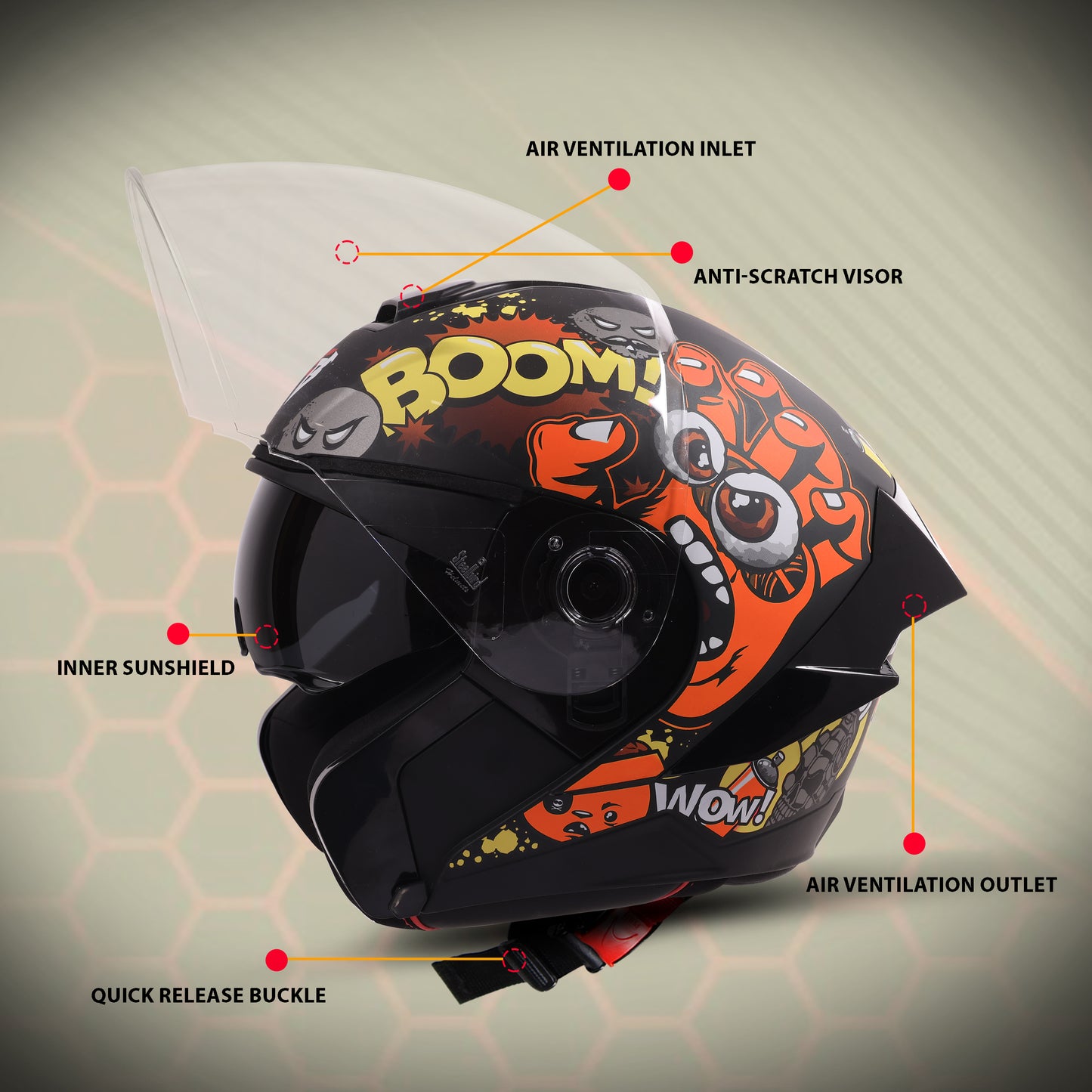 Steelbird SBA-10 Boom ISI and DOT Certified Open Face Graphic Helmet for Men and Women with Inner Smoke Sun Shield (Glossy Orange)