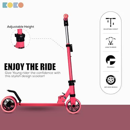 Koko Rowdy Kick Skate Scooter with Adjustable Height and Portable, Kids Scooter with Led PVC Wheels for Age 3+ (Max User Weight: 50kg) (Pink)